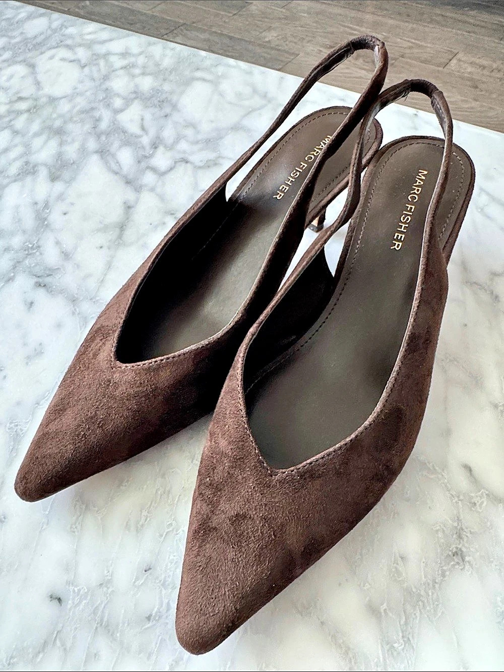 🌼MARC FISHER LTD🌼 Suede Slingback Pointed Toe Kitten Heel Pump, Brown US 8.5 M